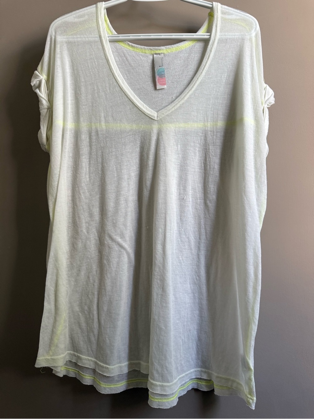 Free People Sheer White V-Neck Tee with Pale Yellow Stripe